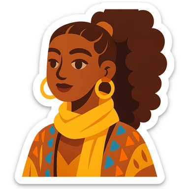 boho girl with brown skin, long curly brown hair in a high ponytail, lemon yellow scarf, round earrings sticker