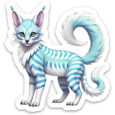 Colorful dark tropical feathery tribal pale light fruity pastel white glorious iridescent divine exotic cute albino neon vibrant spooky evil zigzagged cool beautiful beautiful fantasy-caracal-civet-genet-sergal-vernid-Gryphon-Cacomistle-Trico-oncilla-animal-Fakémon-hybrid-fursona (full body) sticker