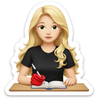 A beautiful blonde with long wavy hair in a black T-shirt sits and writes in a diary with a pen. sticker