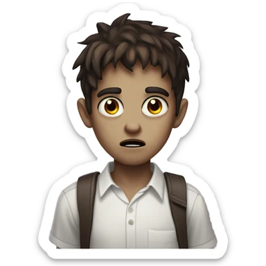 boy zombie teen with scared expression and dark brown hair and white slim shirt; brown eyes sticker