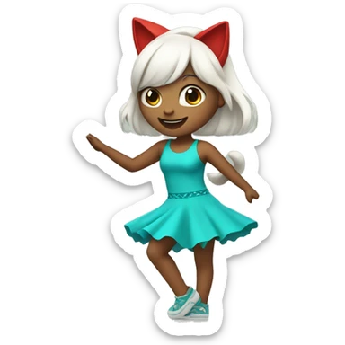dancing girl with white left hair and right red with turquoise cat ears sticker