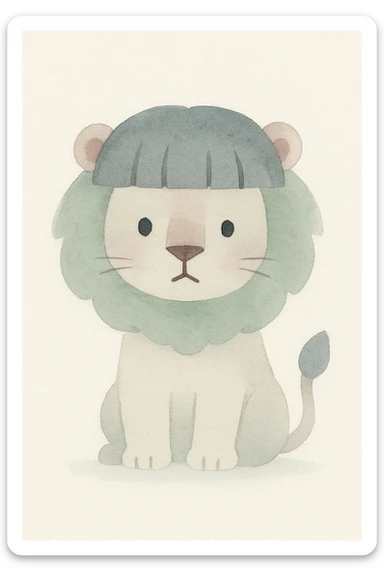 lion with a bowl haircut, straight bangs, cute and expressive, watercolor art style sticker