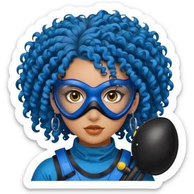 blue curly haired paintball player girl with huge earrings, wearing paintball mask sticker