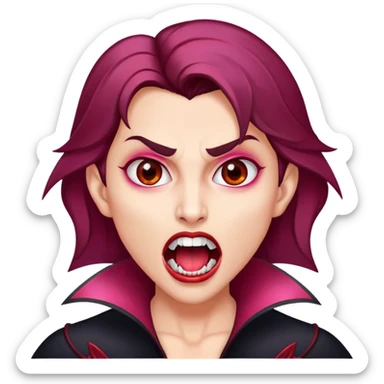 Uma vampira, com a boca aberta mostrando os caninos afiados. Olhos castanhos, cabelo com mechas vermelhas quase rosa. Rosto oval, tom de pele parda. sticker