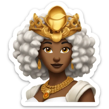 Create an emoji of a confident woman with voluminous lion-like hair, bold makeup, and gold jewelry, embodying the Leo zodiac sign with a regal expression and fiery energy. And a headgear of Leo sign sticker