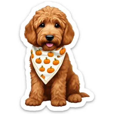 mini red goldendoodle wearing cream bandana with pumpkins on it sticker