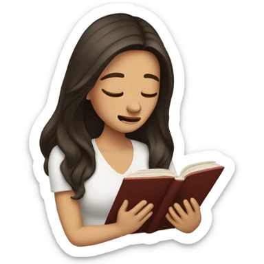 brunette long hair woman crying tears down face while holding and reading book sticker