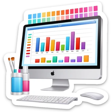iMac computer with bar charts and beauty products inside the screen sticker