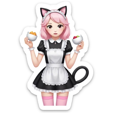 Black white and pink maid dress and thigh high leggings and cat ears loose clothes sticker
