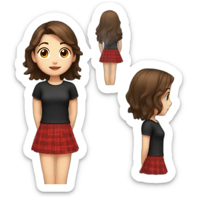 2d girl with brown hair and brown eyes a black shirt and a red checked skirt sitting sticker