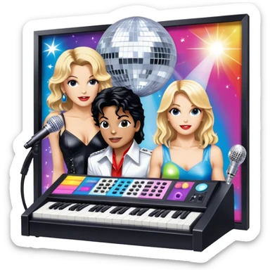 Pop music icon: vibrant stage with bright lights, microphone, synthesizer, disco ball. Collage of famous pop artists—Michael Jackson, Madonna, Britney Spears, and Taylor Swift—symbolizing iconic eras. Energetic and dynamic. Transparent background. sticker