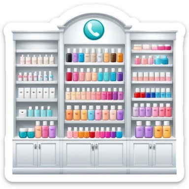 big beauty salon showcase with well-organized brand-labeled beauty products on a white shelves sticker