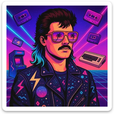 retro-futuristic 80s man with mullet hairstyle with neon blue ends, airbrushed sunglasses with pink to violet gradient and palm/sunset reflection, leather jacket with lightning, cosmic, and Memphis Design elements, neon gradient background with perspective grid, laser beams, cassettes, arcade games, Commodore 64, electric blue, fuchsia, turquoise, ultraviolet colors sticker