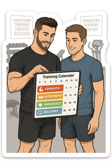 a personal trainer and a client stand in a modern gym, reviewing a large, color-coded training calendar or chart on a tablet. The calendar shows different phases (strength, hypertrophy, endurance, recovery) with icons and dates. Around them, gym equipment and motivational posters reinforce the idea of structured, periodized training. sticker