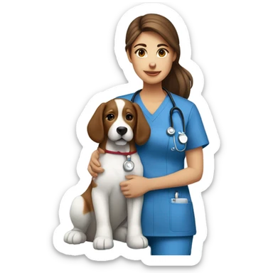 Nurse with long beautiful brown hair in blue scrubs wearing stethoscope with dog sitting next to her  sticker