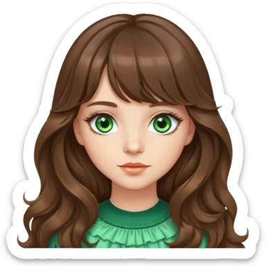 Girl with long brown wavy hair and curtain bangs and green eyes with long lashes sticker