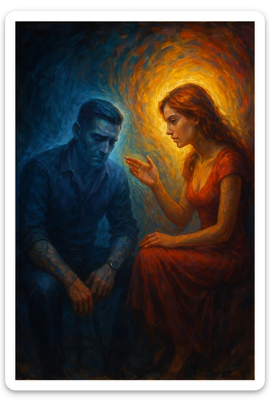 Man receiving advice from a woman, symbolically losing masculine energy, his aura fading while hers shines. Conceptual composition, two seated figures, emotional tension, abstract background." sticker
