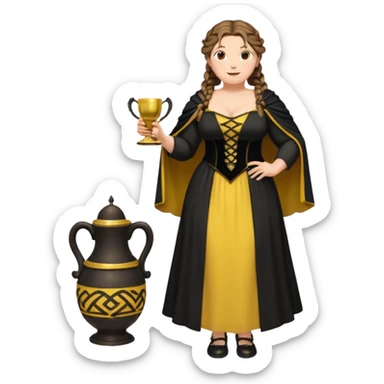 Helga Hufflepuff,brown-haired,2 braids,yellow-black medieval open dress,deep neckline,fat macromastia,black cloak decorated with gold braiding,gold cup with two handles,very kind smile,curvy busty sweet woman,round rosy cheeks,full length with medieval shoes sticker