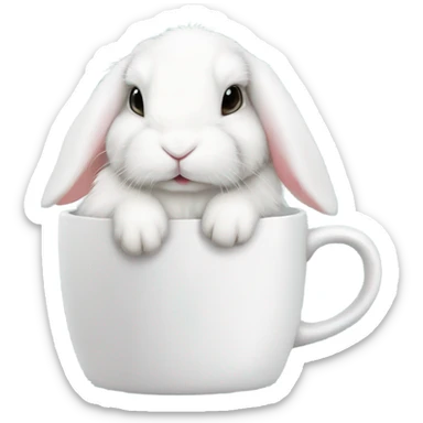 White mini lop rabbit drinking tea from a mug sticker