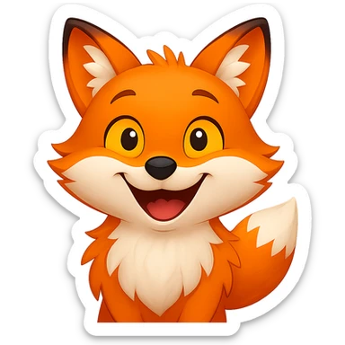 A 2D cartoon fox emoji with a happy expression, smiling and showing joy, with yellow eyes. sticker