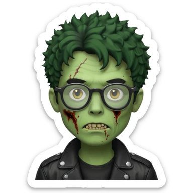 Hombre zombie de piel verde con chaqueta de cuero punk, pelo rizado corto y gafas sticker