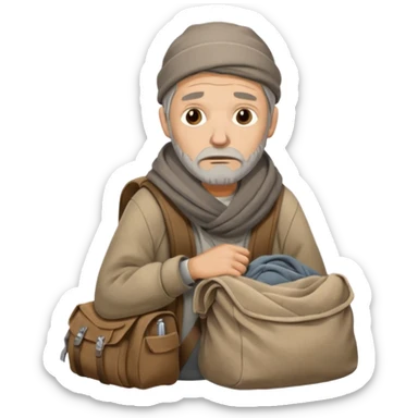 A homeless man wrapped in an old blanket, holding a backpack filled with his belongings, expression calm but weary.
 sticker