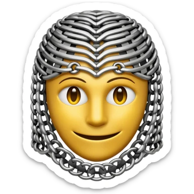 3D render of Medieval Coif, made of interlocking chainmail metal rings, wire mesh texture, visible holes and negative space, metallic silver and grey, high contrast shadows, emoji style, isolated on white background --v 6.0. sticker