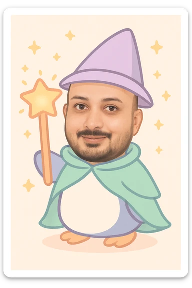 Add the person's head from the first photo onto the penguin wizard in the second photo, blending it in a fun and whimsical way while keeping the wizard hat on top. Maintain a playful and magical style that integrates the head naturally with the penguin wizard character. sticker