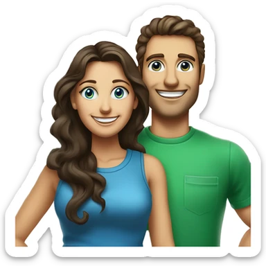 Woman with blue eyes and dark brown long wavy straight hair smiling standing next to a man with short but curly on top dark brown hair and blue/green colored together posing for a picture to put onto their flyer for their address curb painting service  sticker