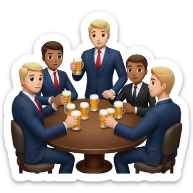 a business meeting of serious businessmen in suits at a round table, drinking beer. sticker