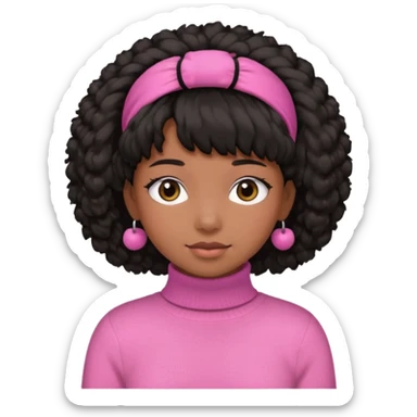black fluffy haired girl with pink turtleneck sweater and hair band sticker