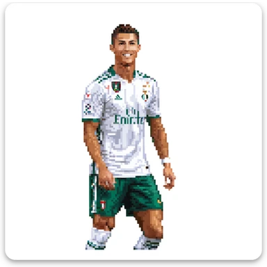 Cristiano Ronaldo in a football kit, mid-action pose, pixel art style, retro 16-bit video game look, football pitch and stadium lights in the background, sharp pixel edges, rich colors, vintage feel, focus on short hair, athletic build, confident smile sticker