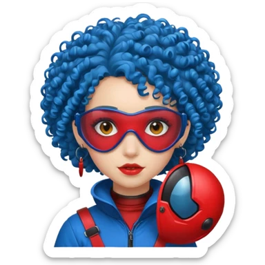 blue curly haired girl with huge earrings wearing red paintball helmet and eye protection, only face  sticker