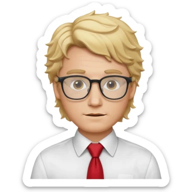 white man in white shirt, having red tie, blonde wavy hair, wearing glasses sticker