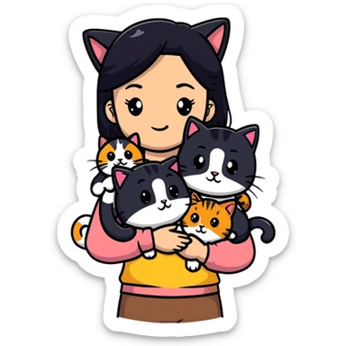 teenage girl with black hair with brown highlights with two cats that are tri-colored (black, orange, and white) sticker