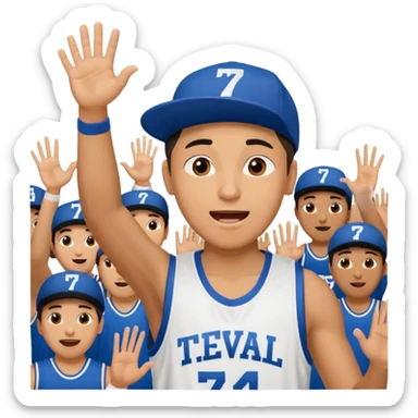 Maverick Trevillian in the crowd at an amateur basketball game. He leans towards the camera and enthusiastically shouts "six seven while performing a distinctive hand gesture: both hands open, palms facing upward, moving up and down as if weighing two options. sticker