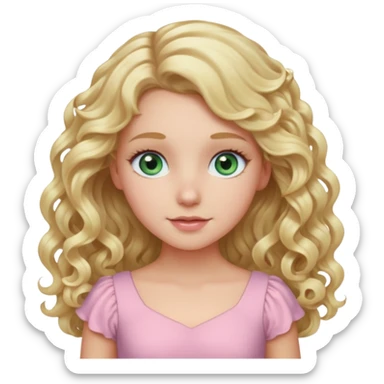 A white girl with long blonde curly hair and blue and green eyes wearing light pink sticker