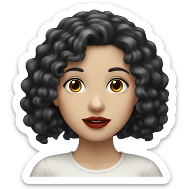 White girl, with curly long black hair, with red lipstick sticker
