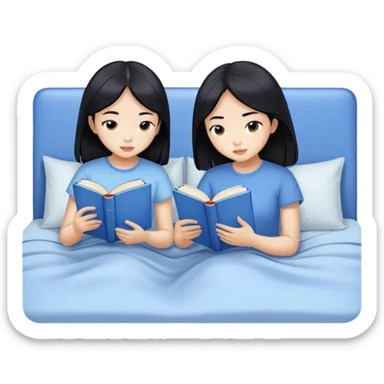 two asian girls black hair on the bed reading blue books sticker