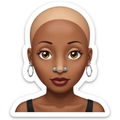 Grown black (proud) woman, bald with a perfect head, a prominent nose with a septum piercing, many piercings on her ears, a gap between her front teeth and very long nails sticker