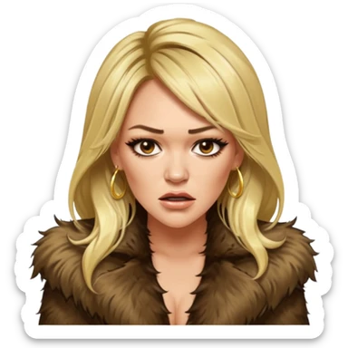 Cinematic Realistic Ultra HD - very Angry High Nose - Glamor Plunge Hilary Duff Extreme Long Long Hairstyle in Shaggy Fur Coat with Gold Flash sticker