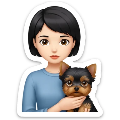 A beautiful girl with short black hair holding a Yorkshire Terrier sticker
