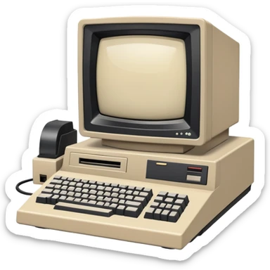 Vintage desktop computer from the 80s, bulky beige monitor with floppy disk drive, separate keyboard, nostalgic tech aesthetic sticker