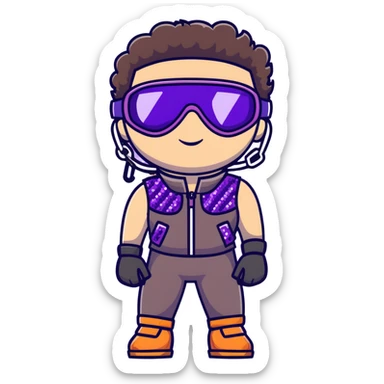 close-up of bad guy male athlete with white skin and moderately curly dark brown hair on top with shaved sides, wearing ski goggles with purple frames and very dark black lenses, a simple plain black chain necklace, and a completely unzipped sleeveless vest with purple and black sequin fire pattern design with no logo, with an extremely arrogant expression sticking his tongue out mockingly, looking menacing and villainous sticker