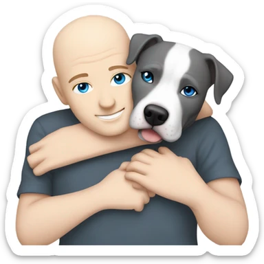 white bald man with blue eyes hugging dark grey no white staffordshire terrier  sticker