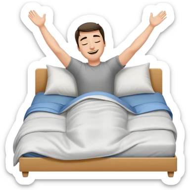 A man in bed laying down under covers kicking feet in air because so excited to sleep. Eyes are closed and he is smiling. Arms down and put him under covers but show feet In air kicking. sticker