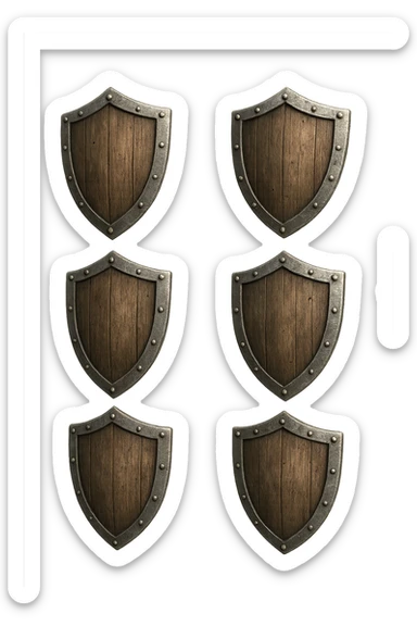 6 scudi che simboleggiano "difesa e protezione", realistici in 3d fluttuano in aria, iperrealistico 4k sticker