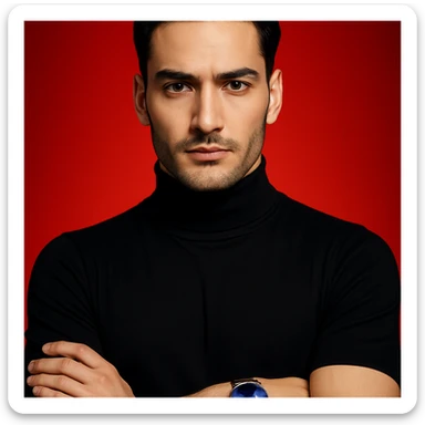 Create an editorial fashion magazine style portrait, ultra-realistic, of the person in the reference image. Highlight sharp features, fair flawless skin, black turtleneck, sleek black hair, arms crossed, and a wristwatch with a blue dial and brown strap. The background is a bold red gradient with dramatic lighting. The composition is symmetrical and minimal, rendered in 4K. sticker