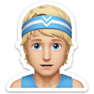 Logan Paul emoji, blonde hair, blue eyes, wearing a Maverick headband, energetic expression sticker