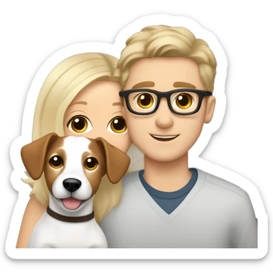 Blonde girl and her white boyfriend with brown hair and glasses cuddling a jack Russell  sticker